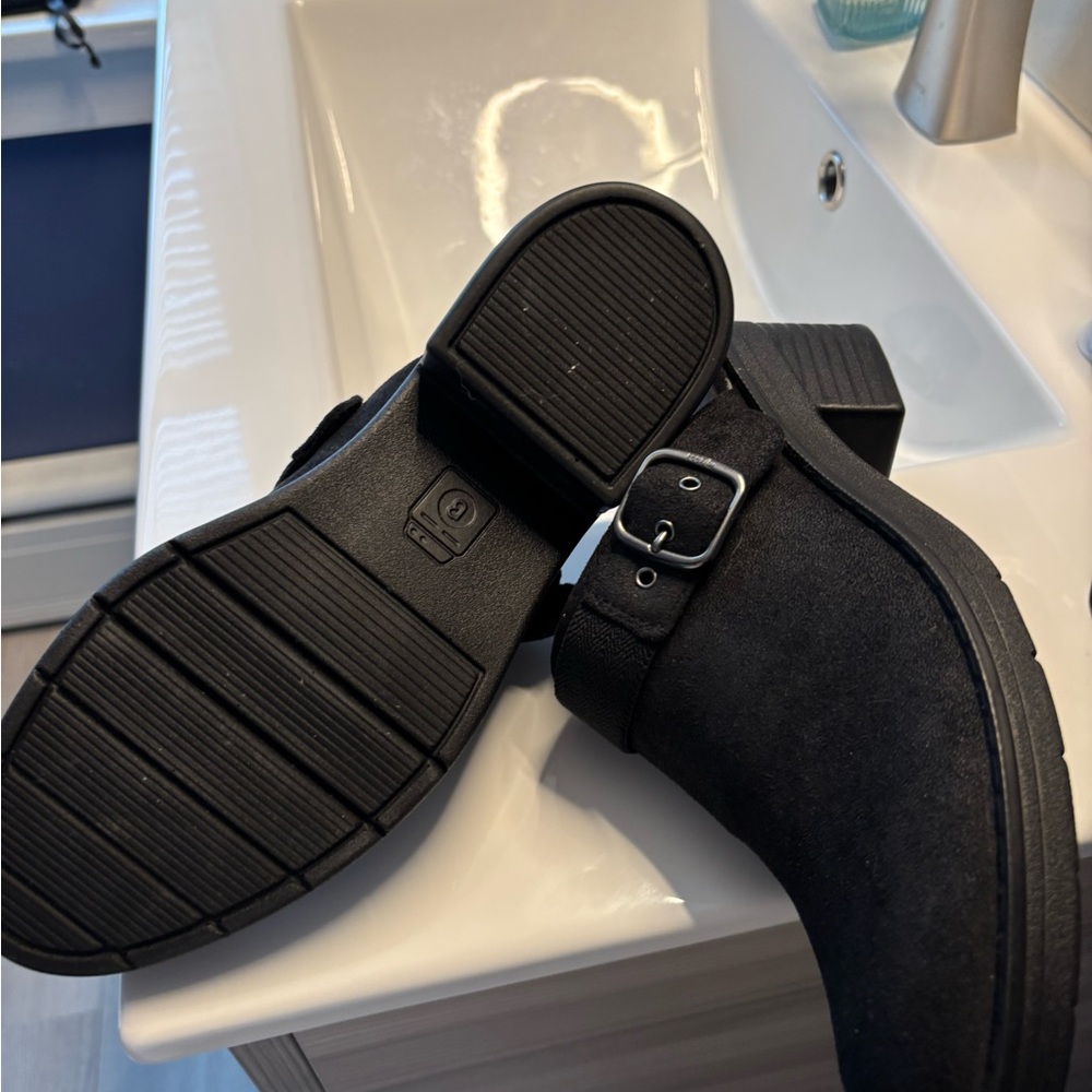 Bzees Black Suede Buckle Clog Mules